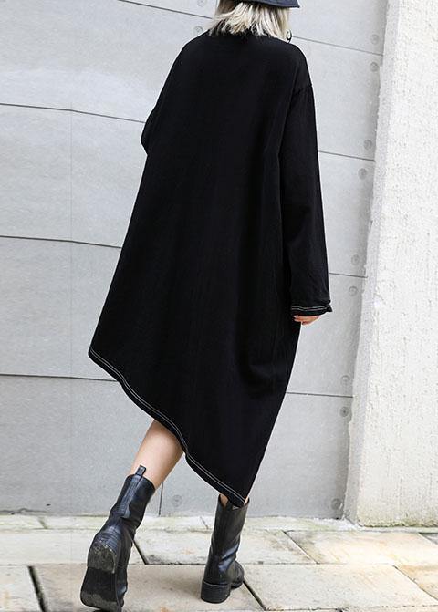 Classy black stand collar zippered cotton dress asymmetric Maxi fall Dresses - bagstylebliss