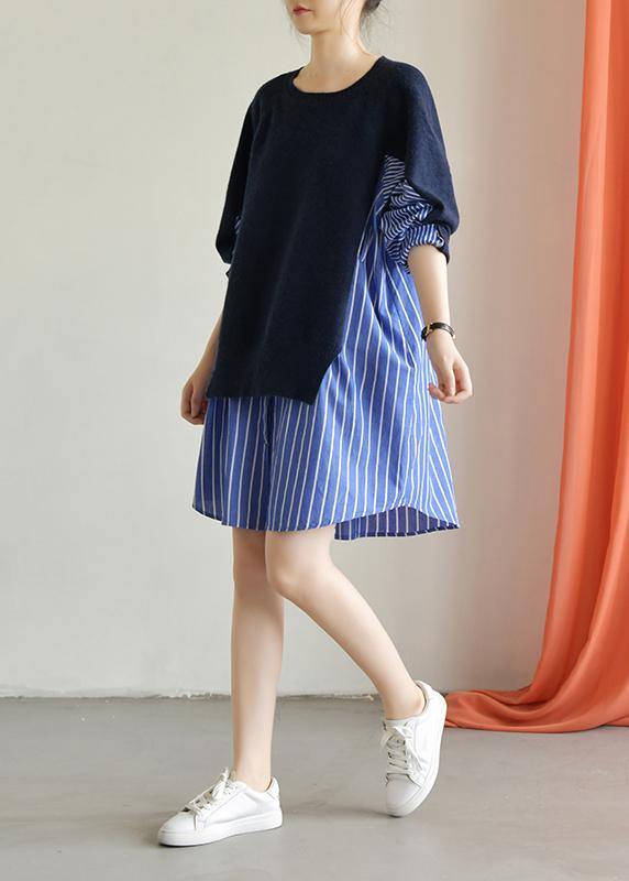 Classy blue Cotton Long Shirts patchwork Plus Size fall Dresses - bagstylebliss