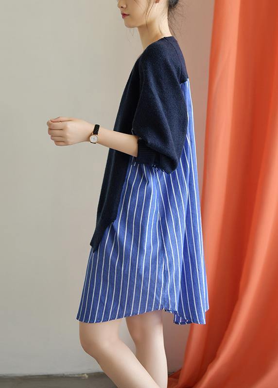 Classy blue Cotton Long Shirts patchwork Plus Size fall Dresses - bagstylebliss