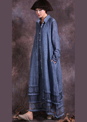 Classy blue lapel collar linen cotton Long Shirts lace hem cotton robes summer cardigan - bagstylebliss