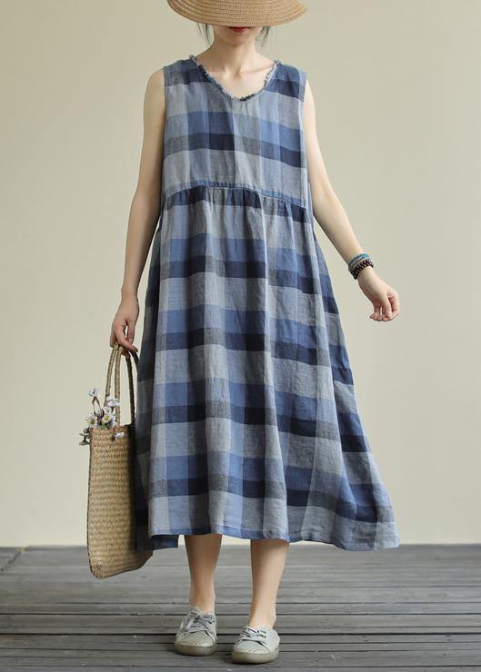 Classy blue plaid cotton clothes o neck pockets Art Dresses - bagstylebliss