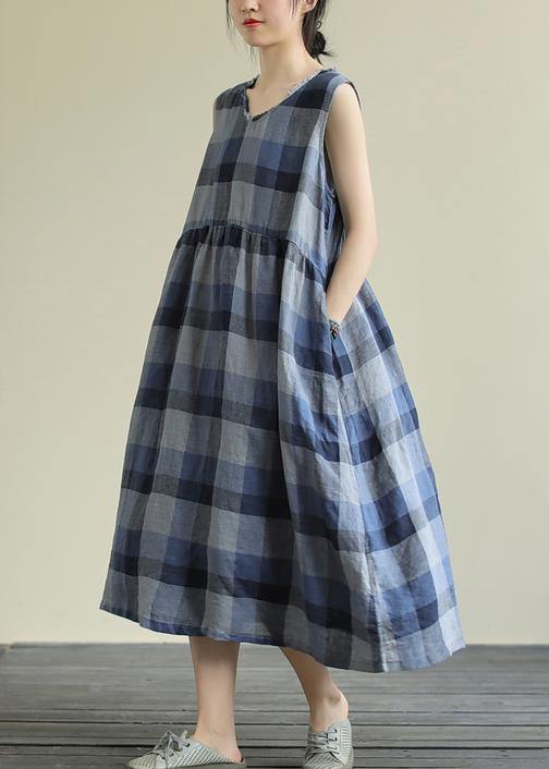 Classy blue plaid cotton clothes o neck pockets Art Dresses - bagstylebliss