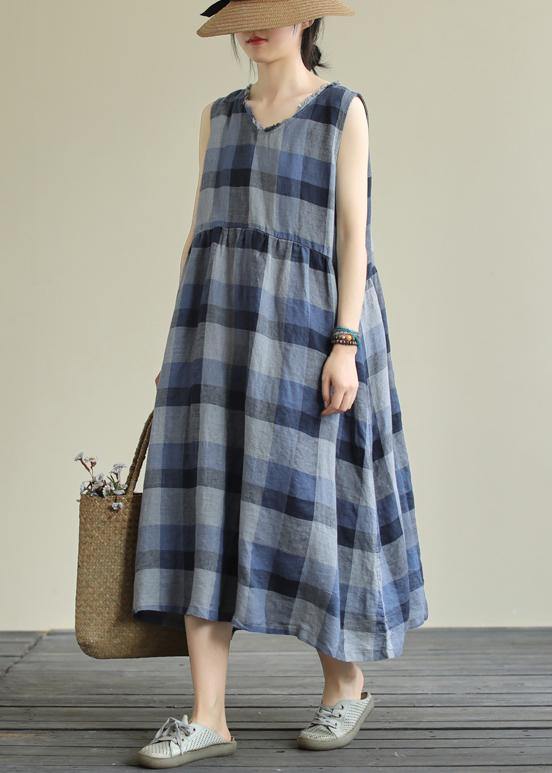 Classy blue plaid cotton clothes o neck pockets Art Dresses - bagstylebliss