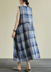 Classy blue plaid cotton clothes o neck pockets Art Dresses - bagstylebliss