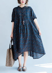 Classy blue plaid cotton dresses stand collar Plus Size summer Dress - bagstylebliss