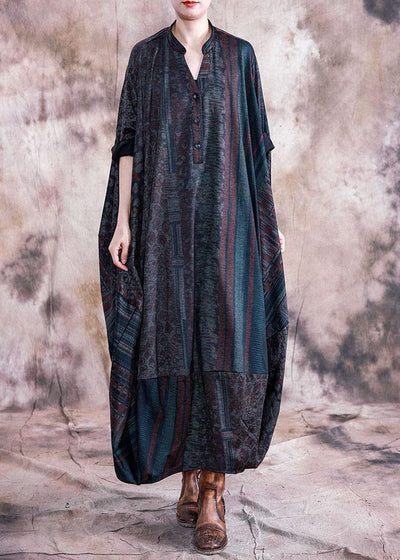 Classy blue print clothes v neck Batwing Sleeve Maxi fall Dresses - bagstylebliss