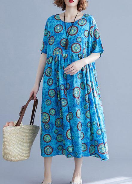 Classy blue print cotton dresses o neck pockets Kaftan summer Dresses - bagstylebliss