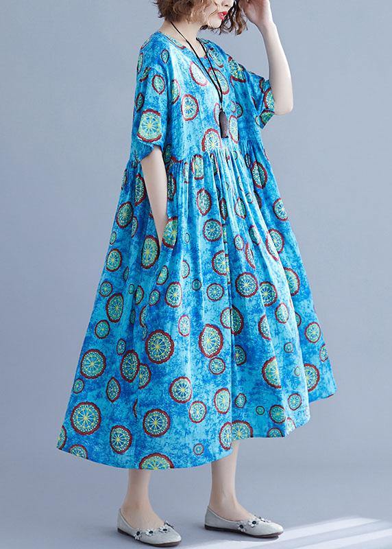 Classy blue print cotton dresses o neck pockets Kaftan summer Dresses - bagstylebliss
