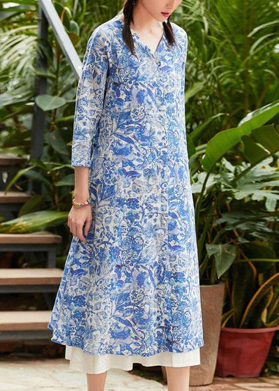 Classy blue print linen Long Shirts v neck tie waist oversized summer Dress - bagstylebliss