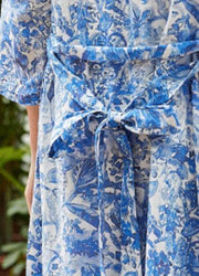 Classy blue print linen Long Shirts v neck tie waist oversized summer Dress - bagstylebliss