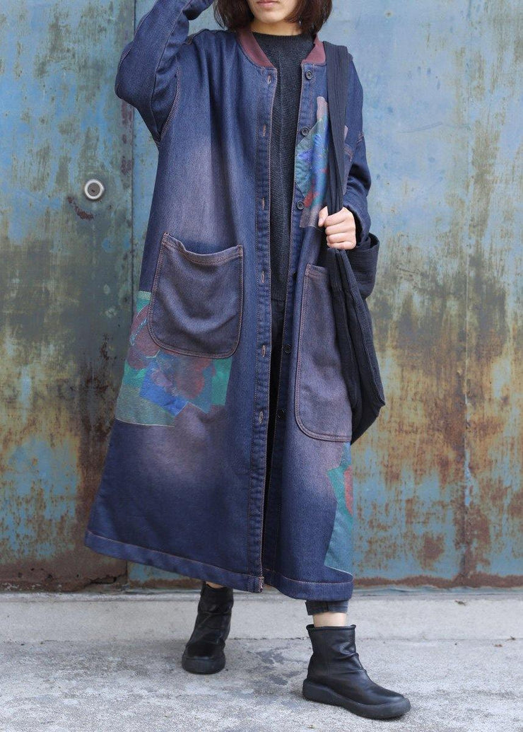 Classy blue prints Fashion trench coat Inspiration two big pockets thick coats - bagstylebliss
