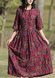 Classy burgundy prints linen Wardrobes o neck long summer Dress - bagstylebliss