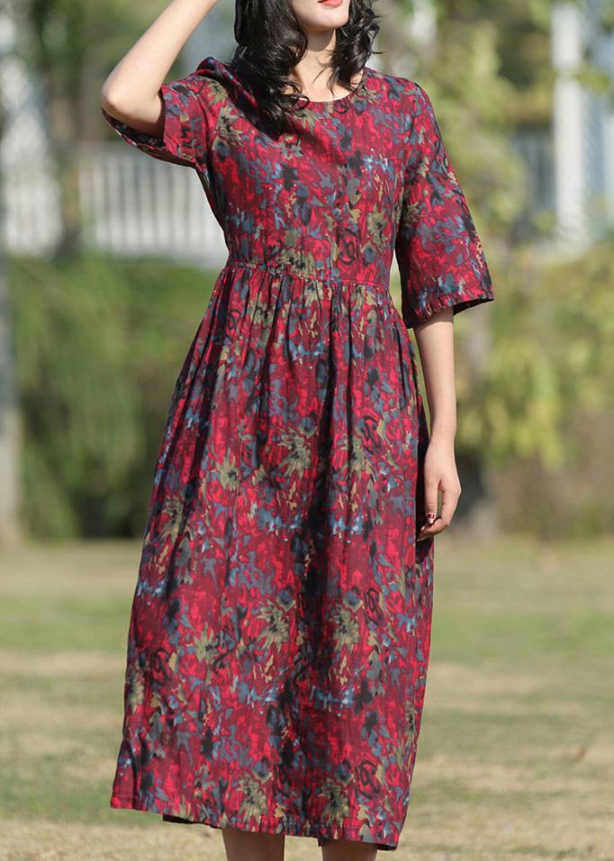 Classy burgundy prints linen Wardrobes o neck long summer Dress - bagstylebliss