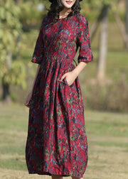 Classy burgundy prints linen Wardrobes o neck long summer Dress - bagstylebliss