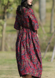 Classy burgundy prints linen Wardrobes o neck long summer Dress - bagstylebliss