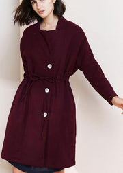 Classy burgundy fine trench coat Shape drawstring double breast women coats - bagstylebliss