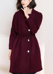 Classy burgundy fine trench coat Shape drawstring double breast women coats - bagstylebliss