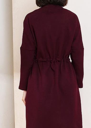 Classy burgundy fine trench coat Shape drawstring double breast women coats - bagstylebliss