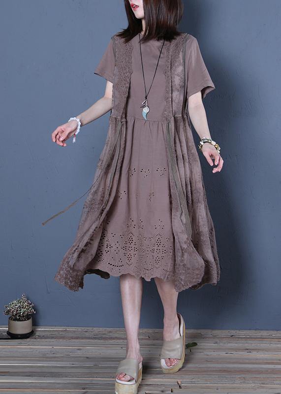 Classy chocolate Cotton Wardrobes o neck two pieces Knee summer Dresses - bagstylebliss