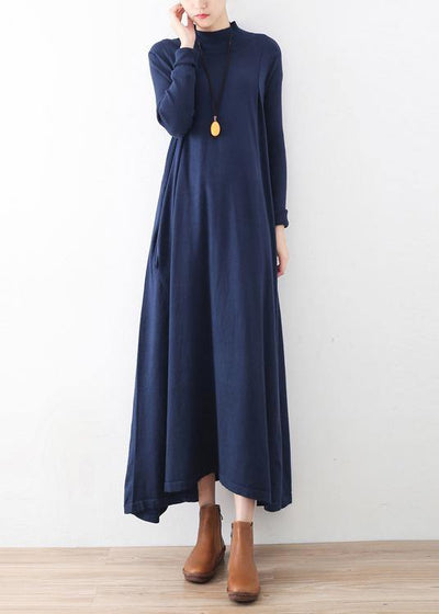 Classy dark blue tunic dresshigh neck Batwing Sleeve robes fall Dresses - bagstylebliss