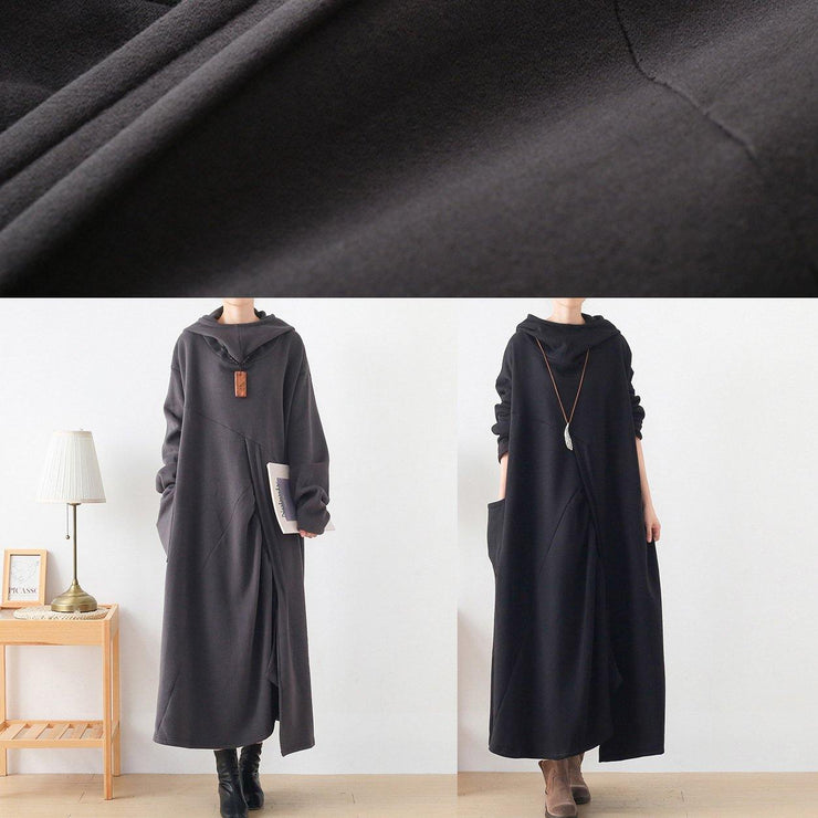 Classy dark gray Tunic hooded asymmetric long Dresses - bagstylebliss