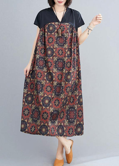 Classy floral cotton Tunics v neck patchwork Art summer Dresses - bagstylebliss