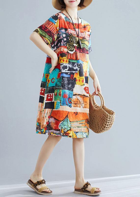 Classy floral linen cotton dress pattern o neck pockets A Line summer Dress - bagstylebliss
