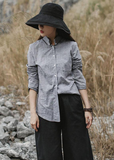 Classy gray cotton linen clothes For Women Photography long sleeve fall shirts - bagstylebliss