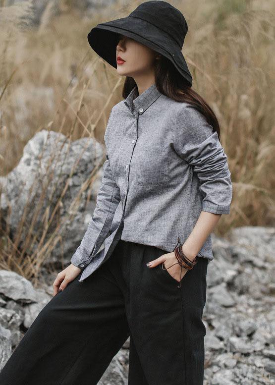 Classy gray cotton linen clothes For Women Photography long sleeve fall shirts - bagstylebliss