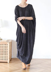 Classy gray cotton tunic dress o neck asymmetric long spring Dress - bagstylebliss