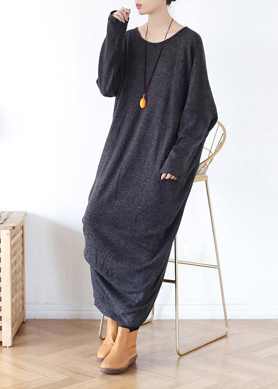 Classy gray cotton tunic dress o neck asymmetric long spring Dress - bagstylebliss