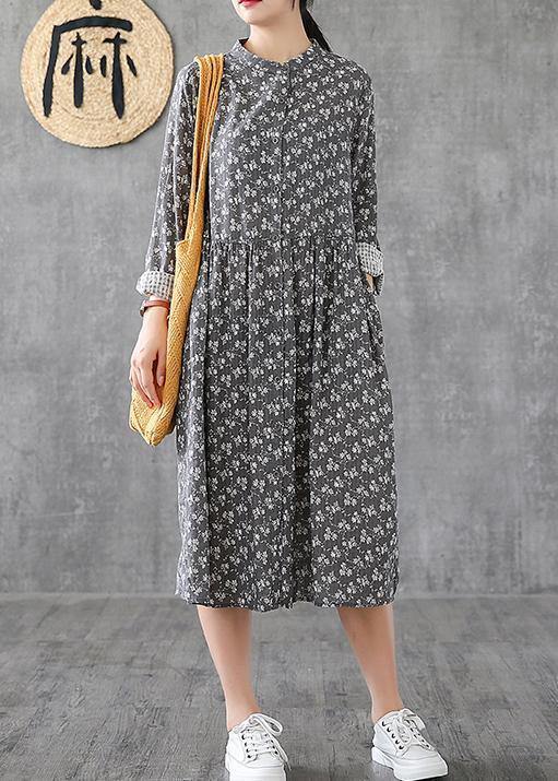 Classy gray print linen Wardrobes stand collar patchwork short Dresses - bagstylebliss