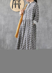 Classy gray print linen Wardrobes stand collar patchwork short Dresses - bagstylebliss