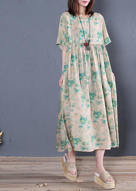 Classy green print cotton tunic dresso neck Cinched Dresses - bagstylebliss