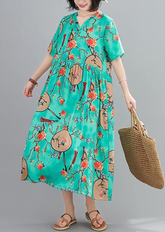 Classy green print quilting clothes v neck short sleeve Plus Size summer Dresses - bagstylebliss