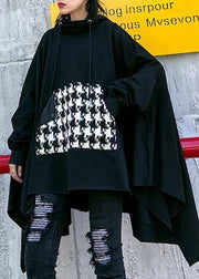 Classy hooded asymmetric cotton patchwork shirts women Cotton black top - bagstylebliss