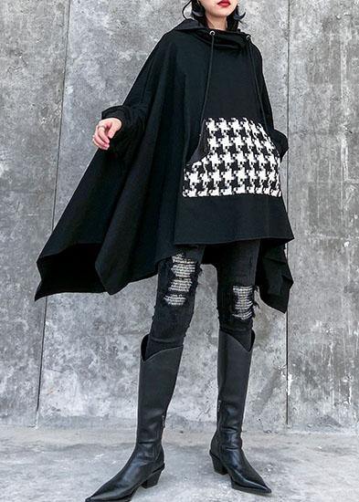 Classy hooded asymmetric cotton patchwork shirts women Cotton black top - bagstylebliss