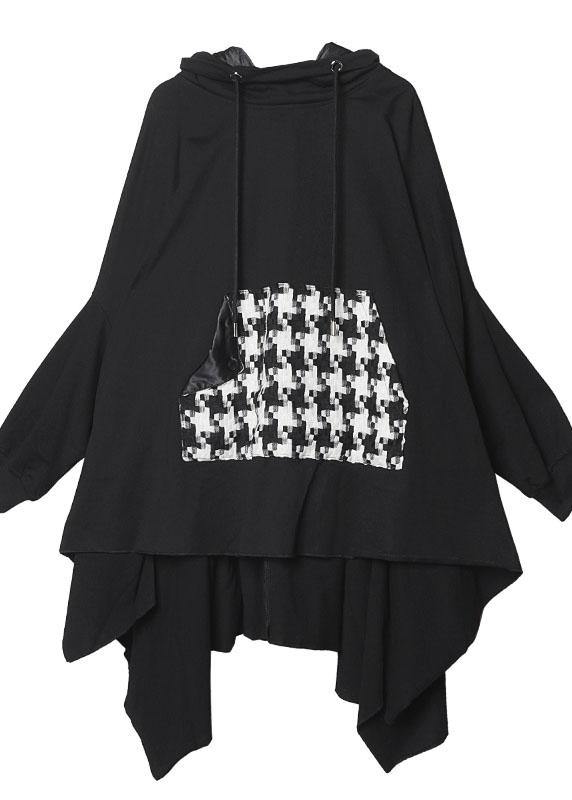 Classy hooded asymmetric cotton patchwork shirts women Cotton black top - bagstylebliss