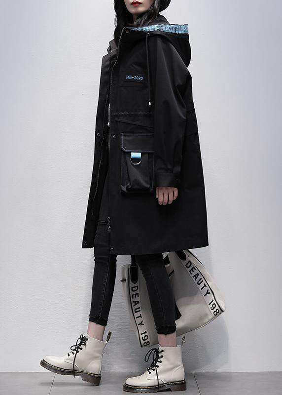 Classy hooded zippered Fine outwear black Letter Midi women coats - bagstylebliss