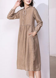 Classy khaki linen dresses v neck Robe high neck Dresses - bagstylebliss