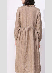 Classy khaki linen dresses v neck Robe high neck Dresses - bagstylebliss