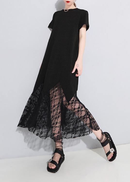 Classy lace patchwork cotton tunic dress Outfits black Art Dress summer hollow out - bagstylebliss