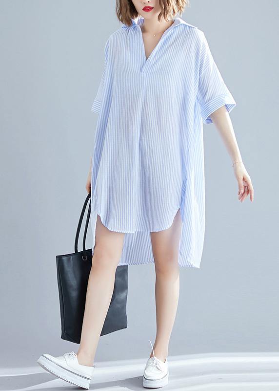 Classy lapel asymmetric linen dress boutique Fashion Ideas blue striped Knee Dresses Summer - bagstylebliss