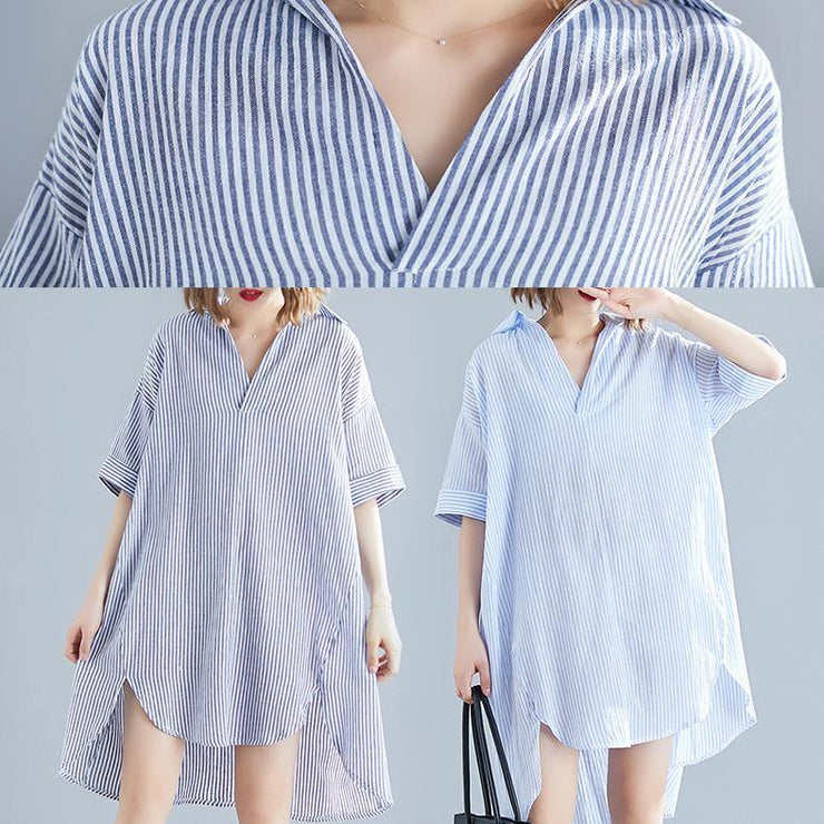 Classy lapel asymmetric linen dress boutique Fashion Ideas blue striped Knee Dresses Summer - bagstylebliss