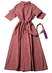 Classy lapel tie waist spring dresses Shape red plaid Dress - bagstylebliss