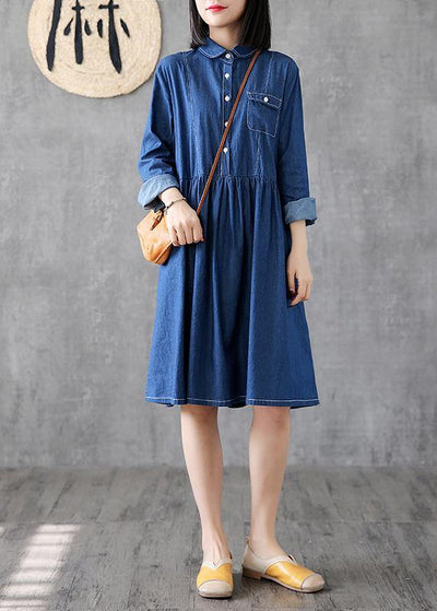 Classy lapel Cinched Cotton quilting clothes Photography denim blue Dress - bagstylebliss