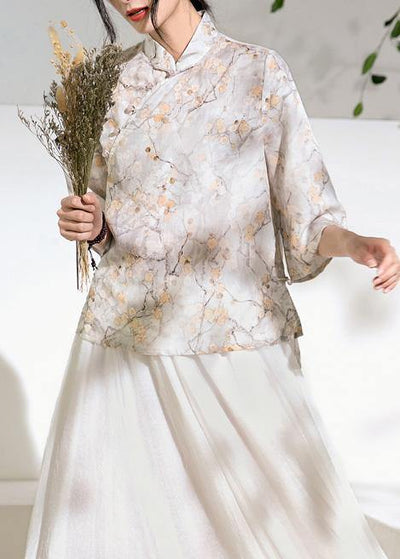 Classy light gray floral  linen Long Shirts flare sleeve silhouette stand collar shirts - bagstylebliss