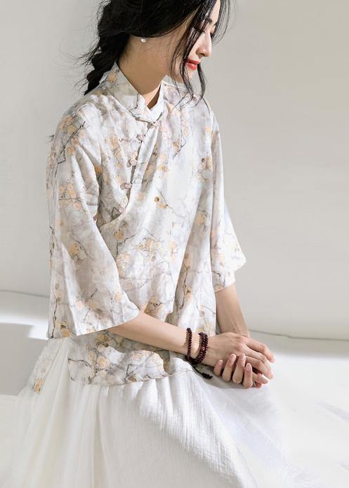 Classy light gray floral  linen Long Shirts flare sleeve silhouette stand collar shirts - bagstylebliss