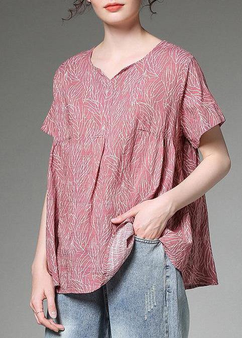 Classy linen clothes For Women Fashion Split Neck red Printed Pleated Short Sleeve T-Shirt - bagstylebliss