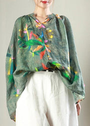 Classy linen crane tops plus size Simple V-Neck Print Long Sleeve Blouse - bagstylebliss
